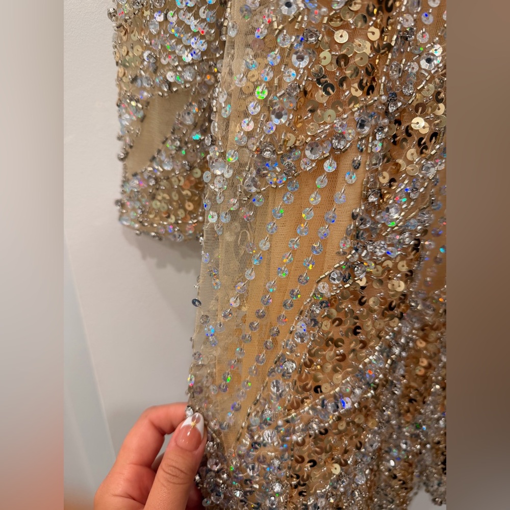 Jovani Gold Sequin Beaded Mini Dress | Long Sleeve Cocktail Dress Designer - Picture 5 of 14